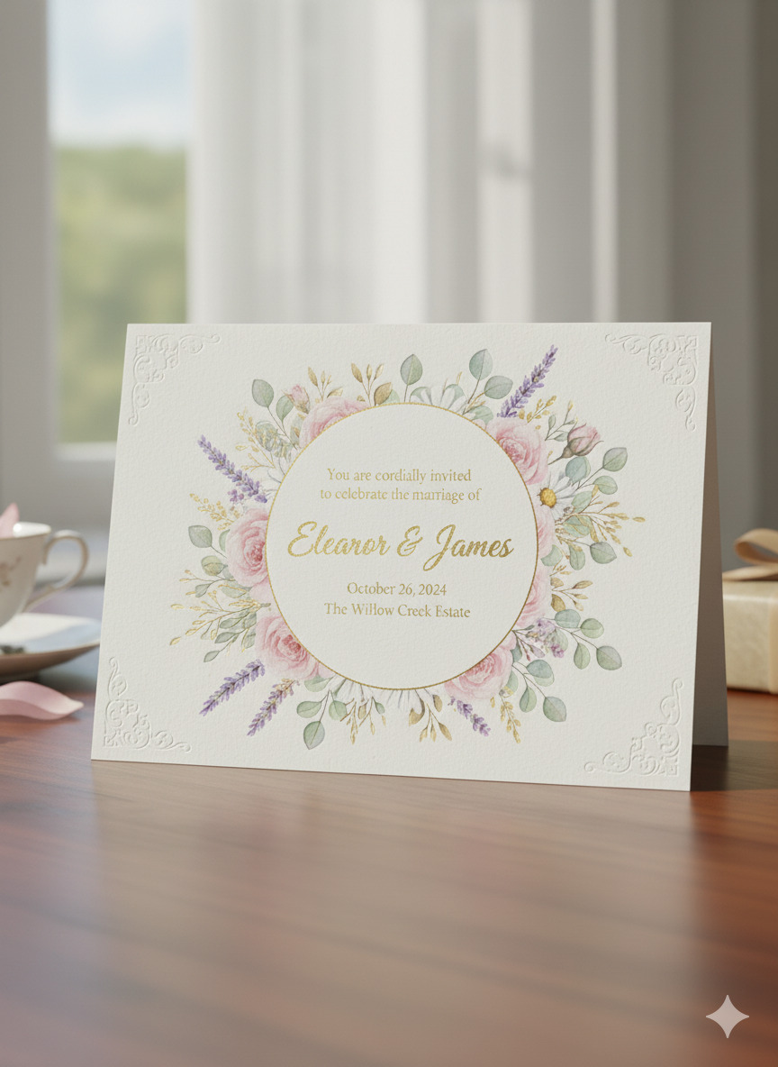 Luxurious wedding invitation card with embossed design